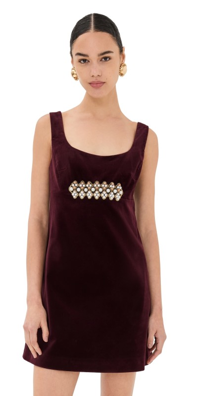 La DoubleJ Ella Embroidered Velvet Mini Dress Solid