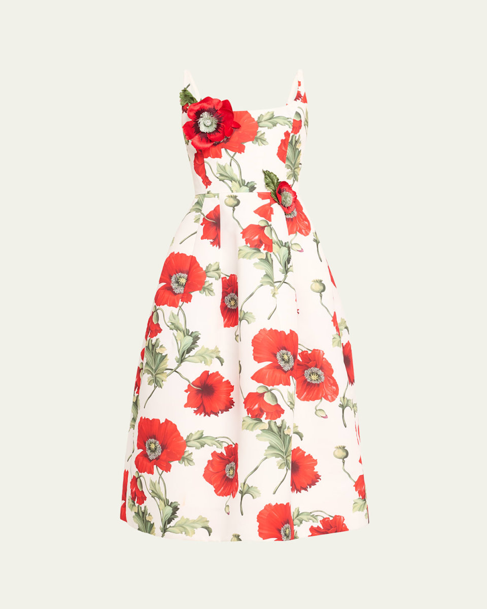 Poppies-Print Flower-Applique Scoop-Neck Sleeveless Midi Dress