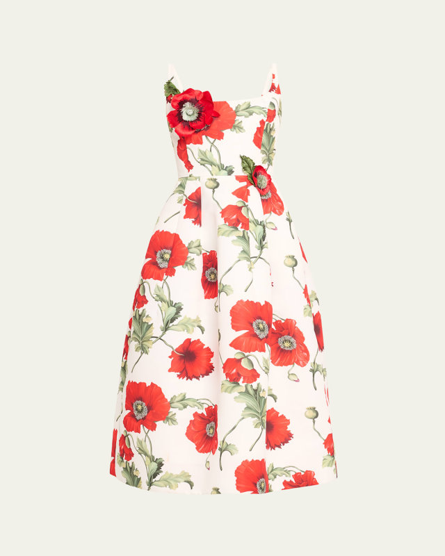 Poppies-Print Flower-Applique Scoop-Neck Sleeveless Midi Dress