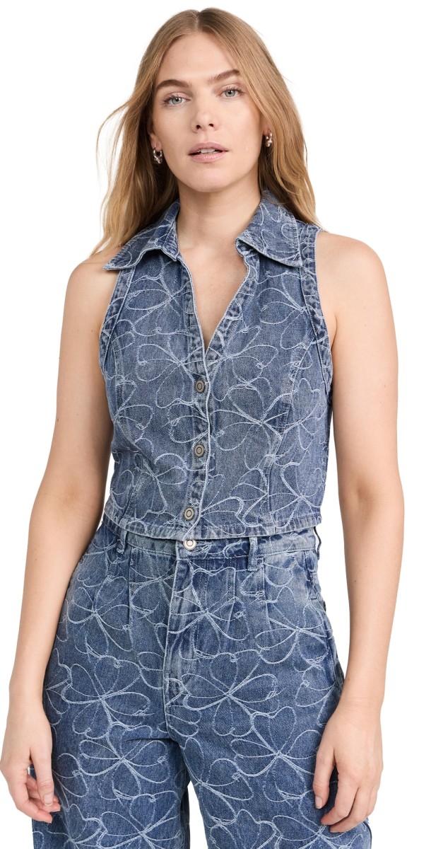 Ramy Brook Deacon Vest Indigo Emb Floral Denim