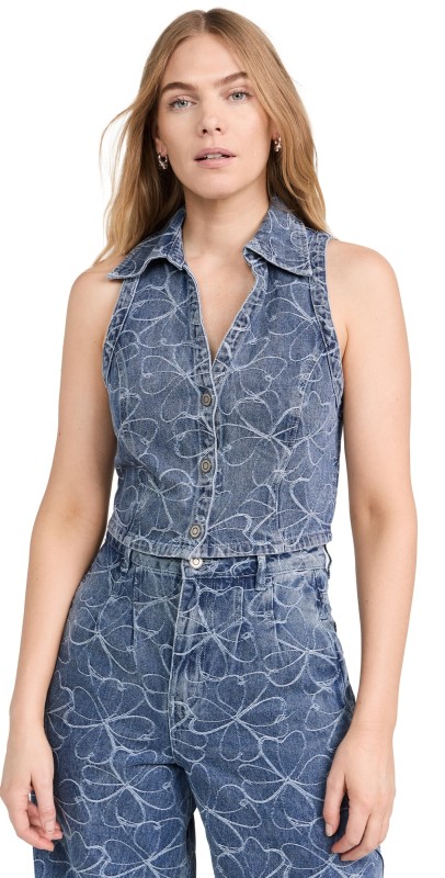 Ramy Brook Deacon Vest Indigo Emb Floral Denim