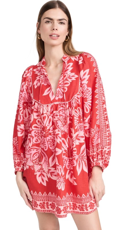 FARM Rio Flora Tapestry Red Long Sleeve Mini Dress Flora Tapestry Red