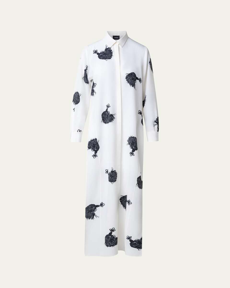 Long Tassel Print Silk Crepe Shirt Dress