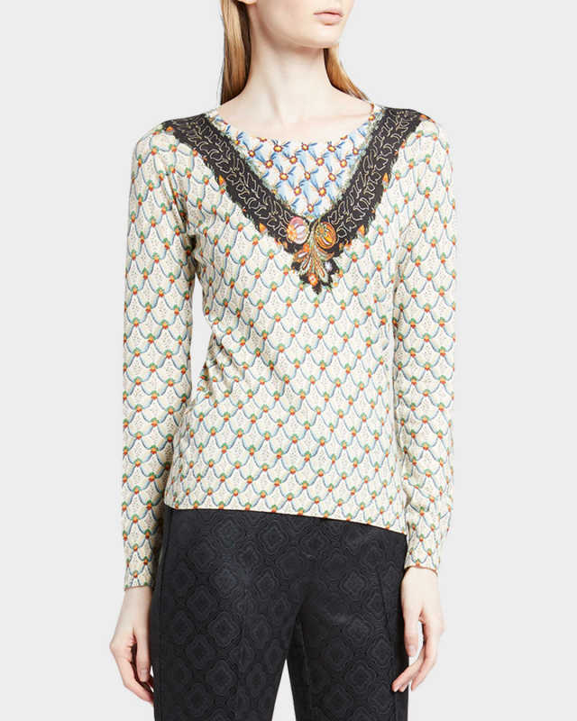 Cashmere-Blend Patterned Crewneck Top