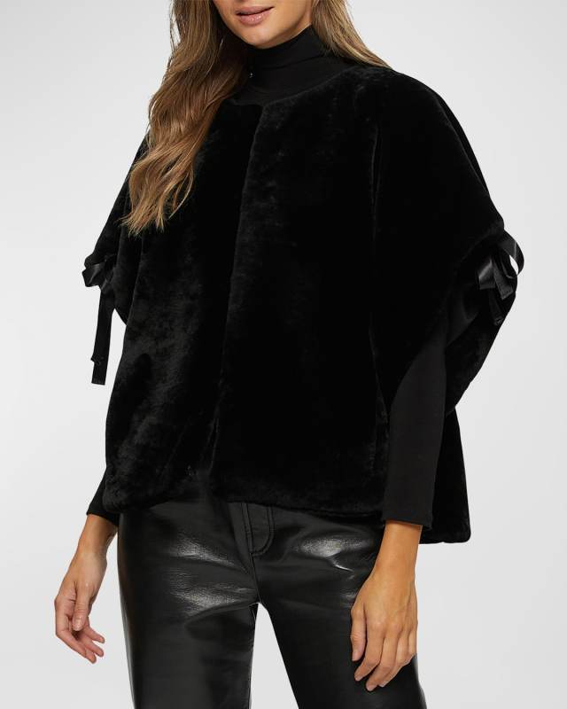 Shearling Lamb Bow Short-Sleeve Collarless Jacket