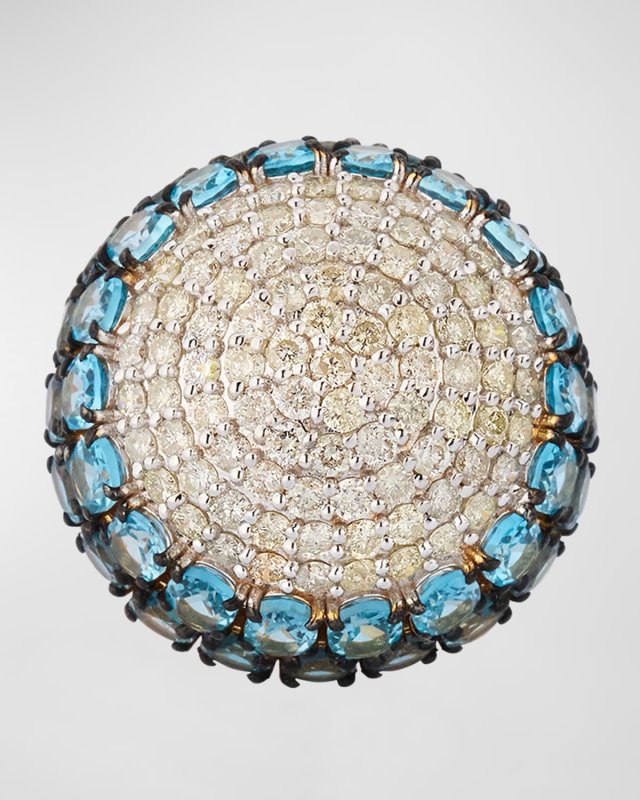 14K Yellow Gold Blue Topaz and Diamond Dome Ring