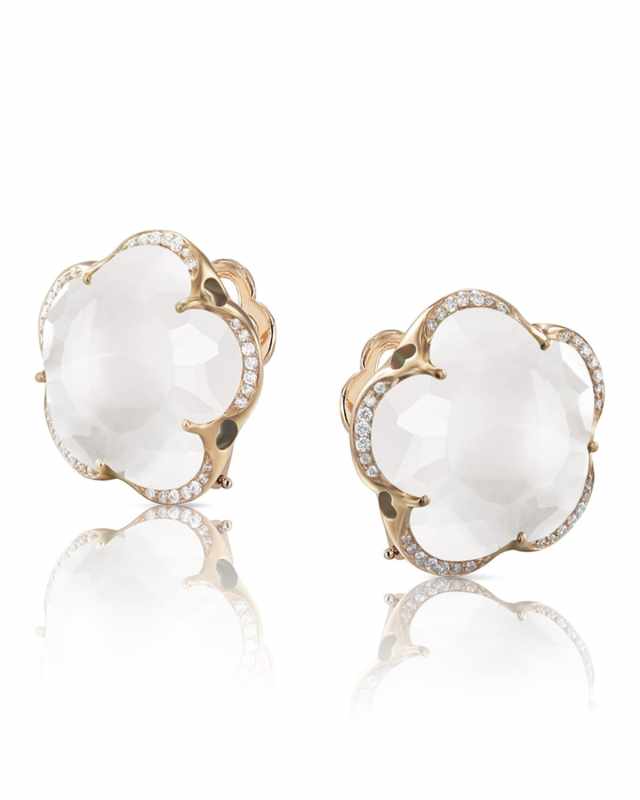 Bon Ton 18k Rose Gold Milky Quartz Earrings w/ Diamonds