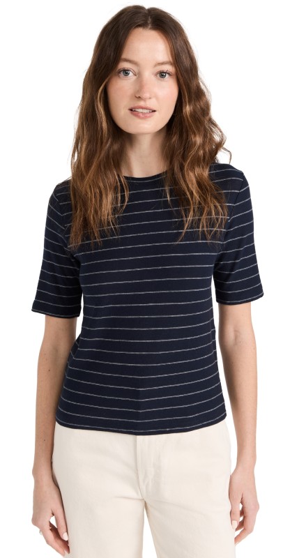 Vince Striped Relaxed Elbow Sleeve Crew Tee Coastal/Off White