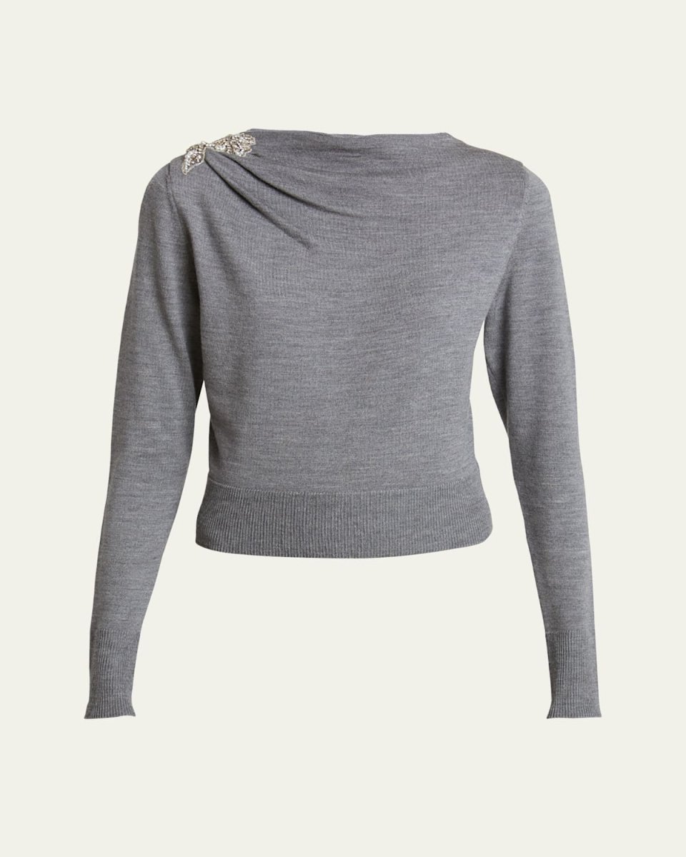 Draped Cutout Sleeve Crystal Patch Wool Sweat