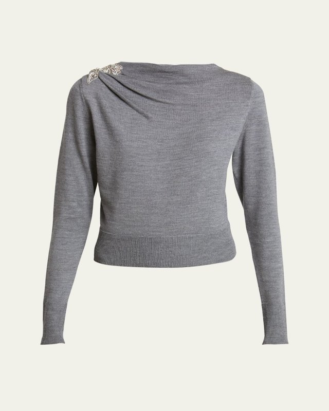 Draped Cutout Sleeve Crystal Patch Wool Sweat