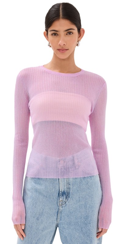 LAPOINTE Sheer Metallic Crew Neck Top Metallic Lotus