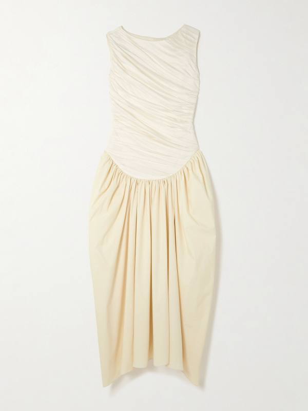 ABADIA Ora gathered TENCEL™ Lyocell and cotton-blend poplin and jersey midi dress