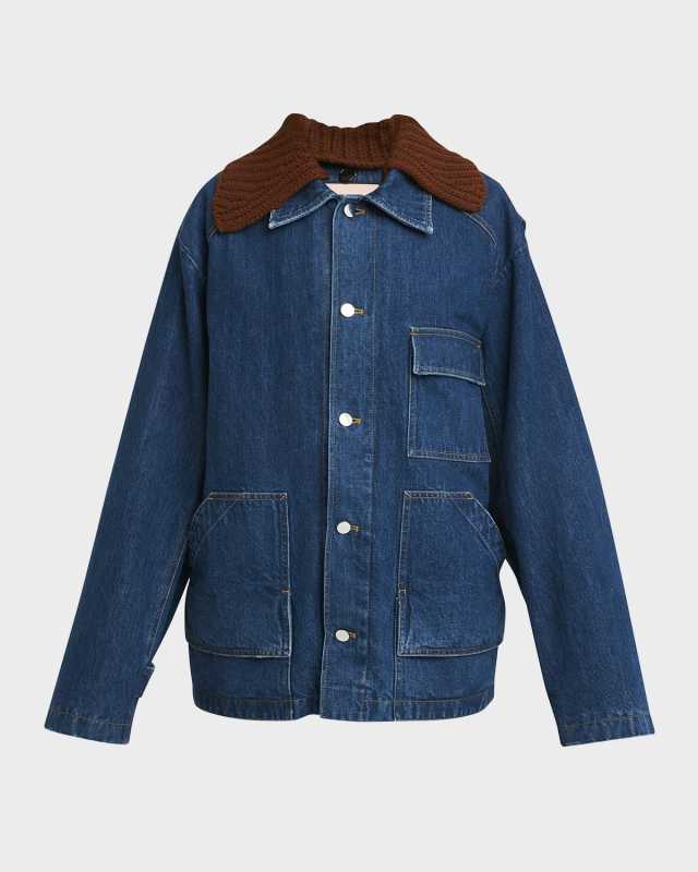 Denim Shirt Jacket with Knit Collar