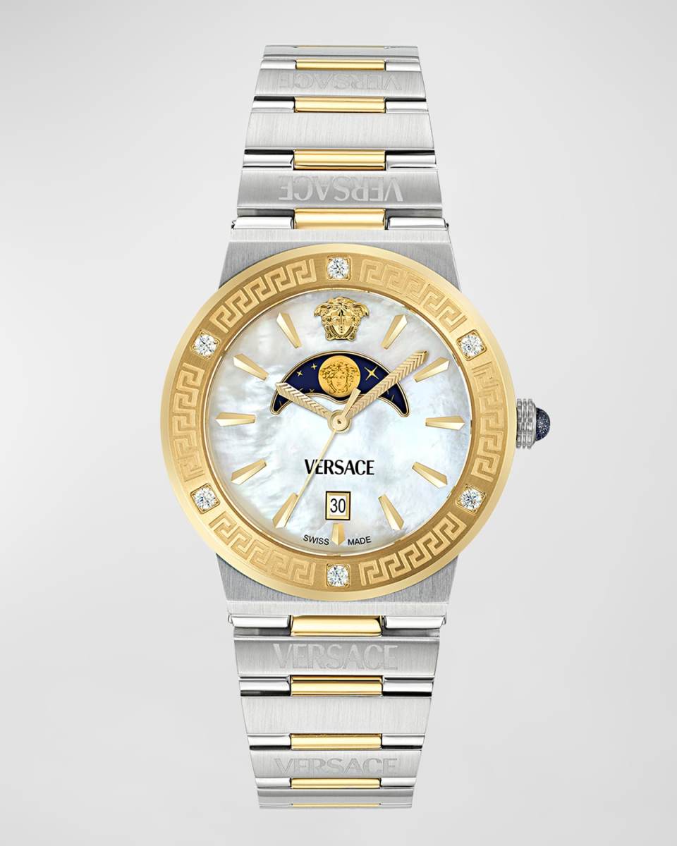 38mm Greca Logo Moonphase Watch with Bracelet Strap, Two Tone