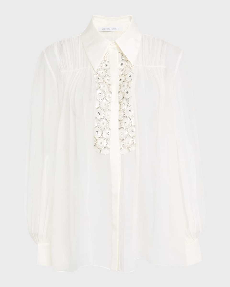 Sequined Sheer Cotton Button-Down Blouse