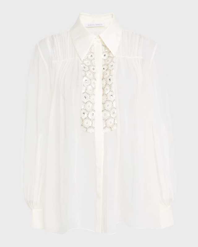 Sequined Sheer Cotton Button-Down Blouse