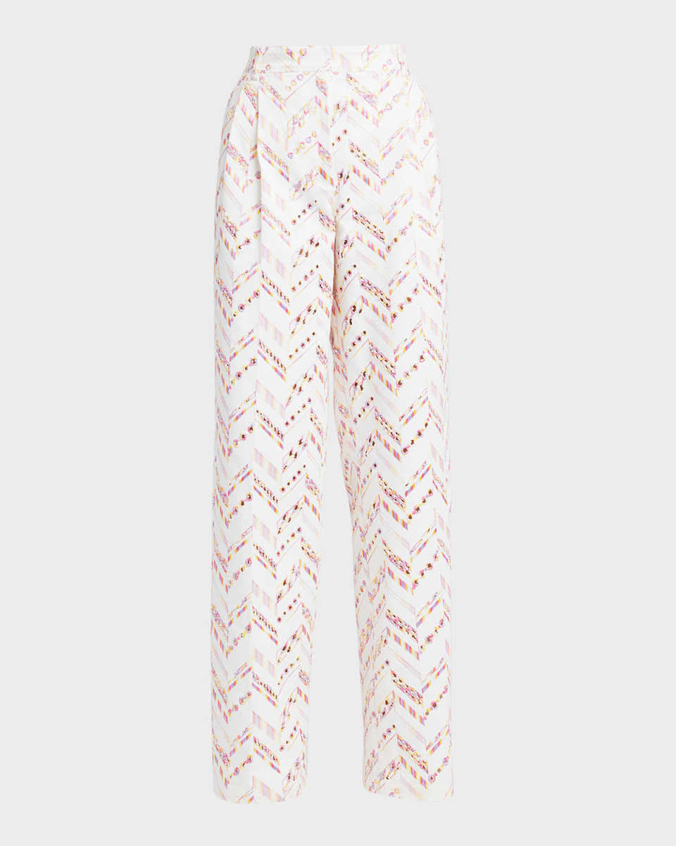 Chevron Broderie Anglaise Pleated Straight-Leg Trousers