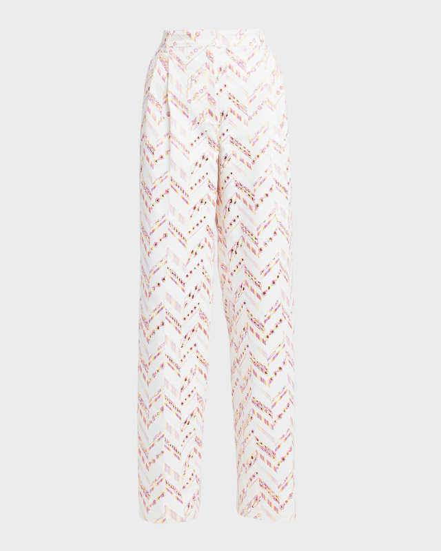 Chevron Broderie Anglaise Pleated Straight-Leg Trousers
