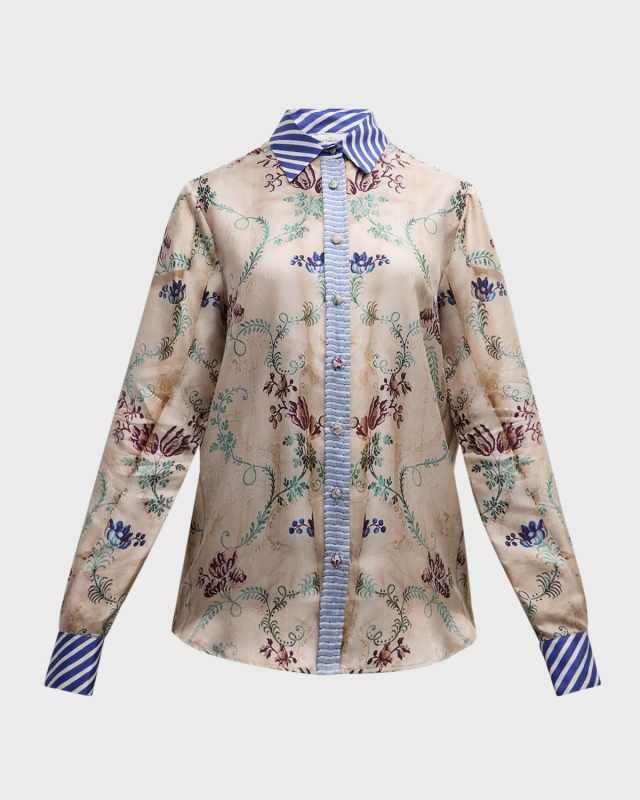 Floral-Print Button-Down Silk Shirt