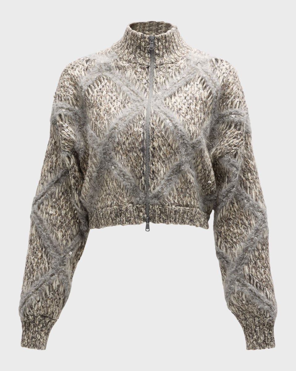 Paillette Macro Tonal Argyle Knit Crop Zip Jacket