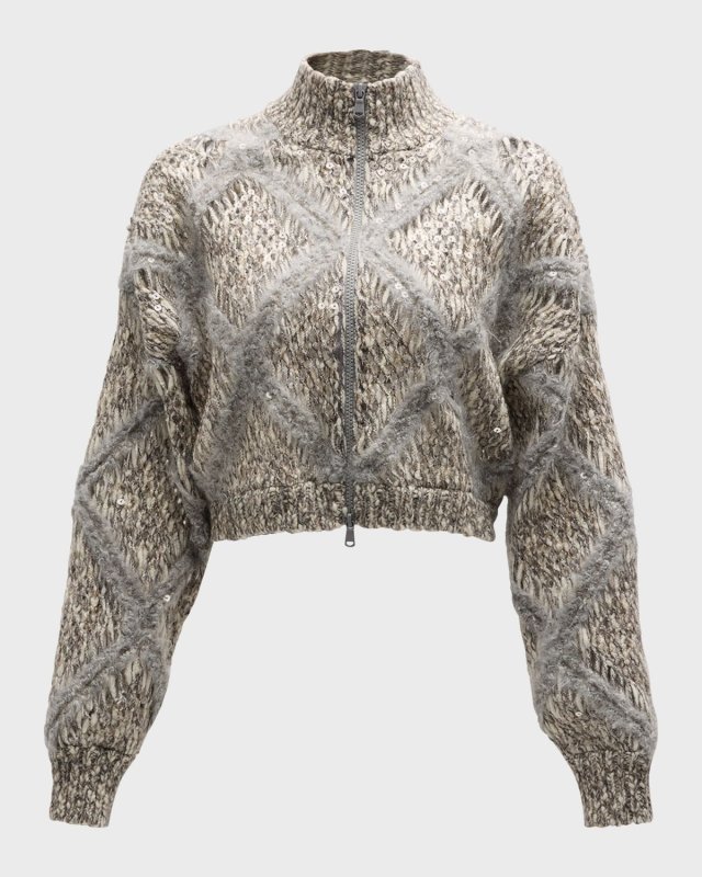 Paillette Macro Tonal Argyle Knit Crop Zip Jacket
