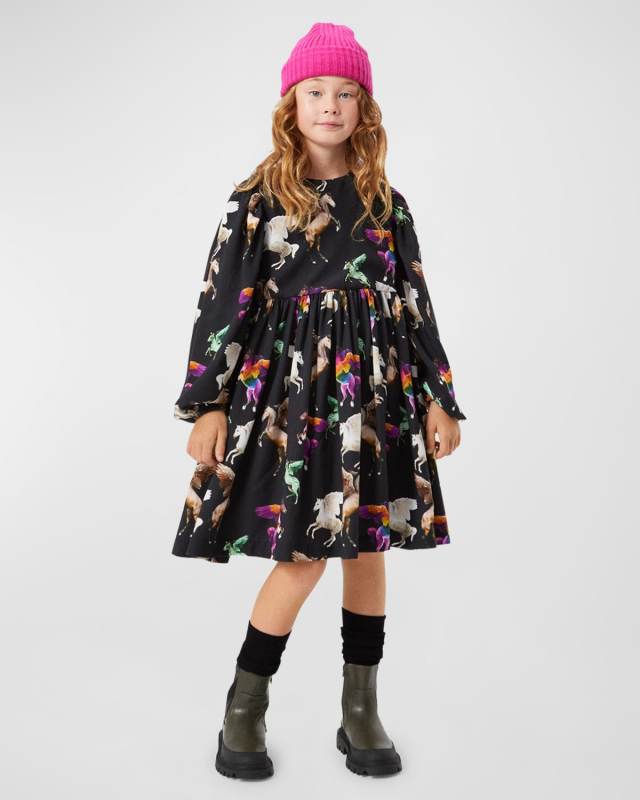 Girl's Cocos Horse-Print Puff Sleeve Dress, Size 7-12