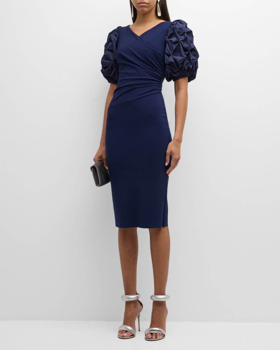 Ruched Smocked-Sleeve Bodycon Midi Dress