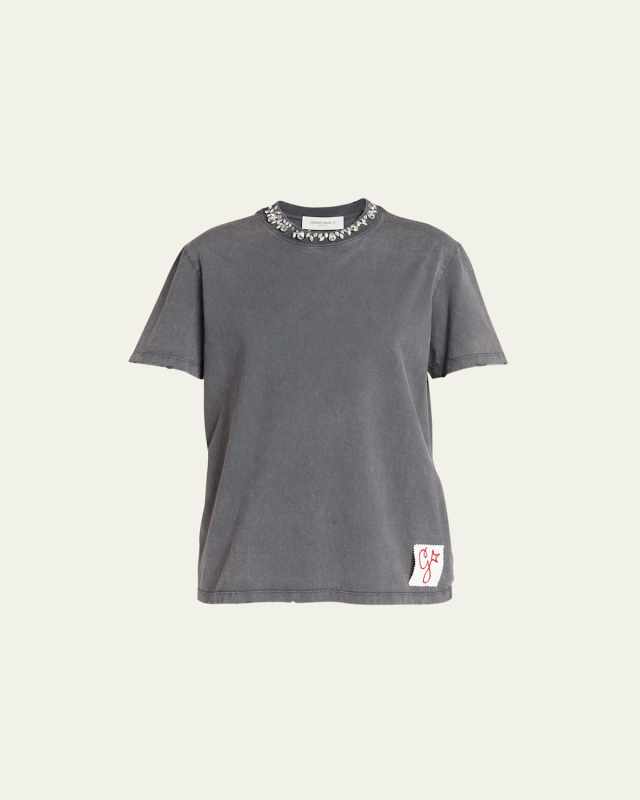 Distressed Crystal Embroidered Crewneck Tee