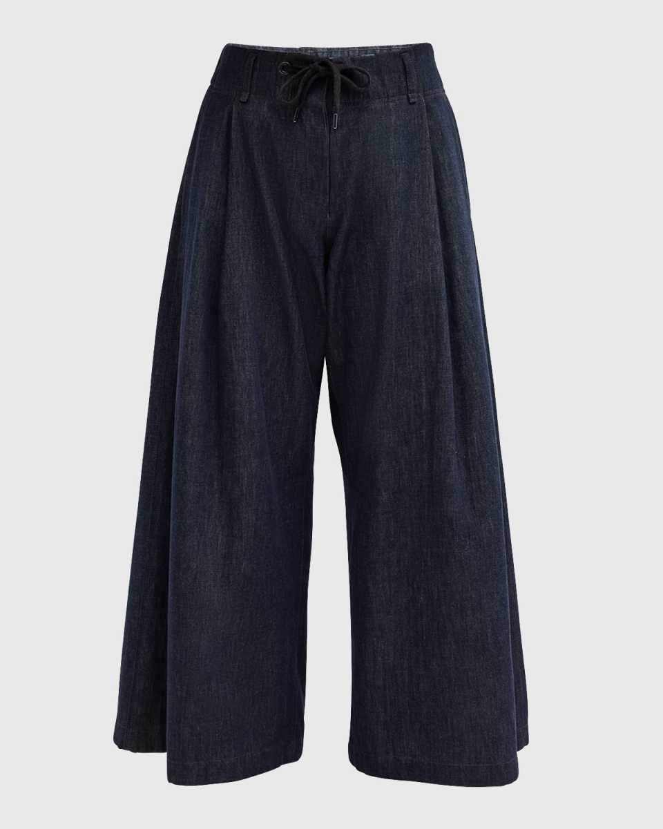 Pleated Denim Wide-Leg Crop Pull-On Pants