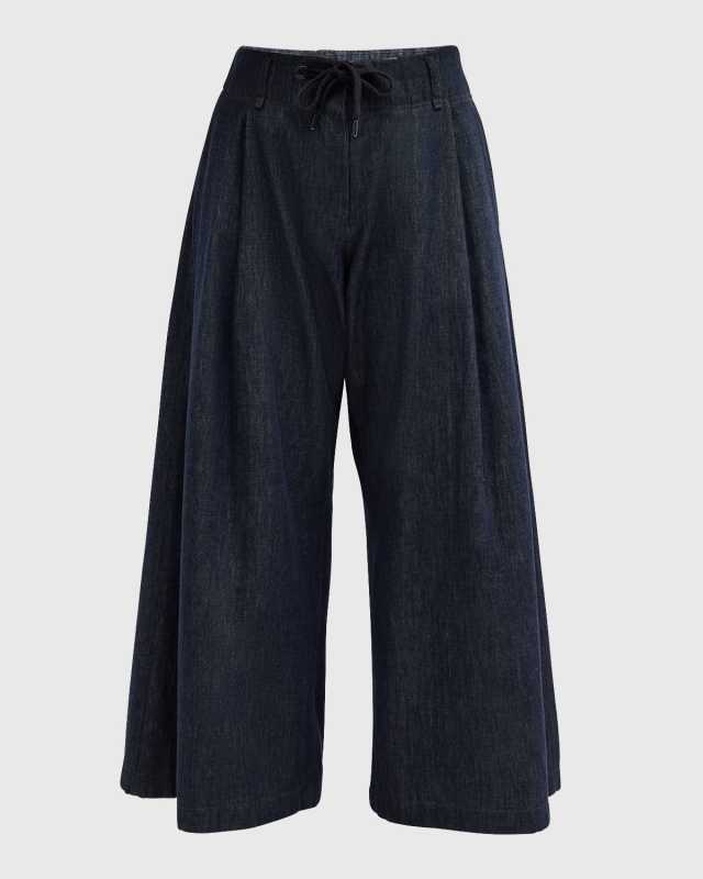 Pleated Denim Wide-Leg Crop Pull-On Pants