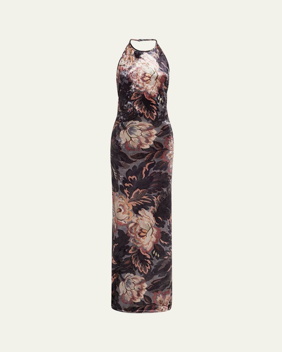 Floral Crushed Velvet Backless Gown