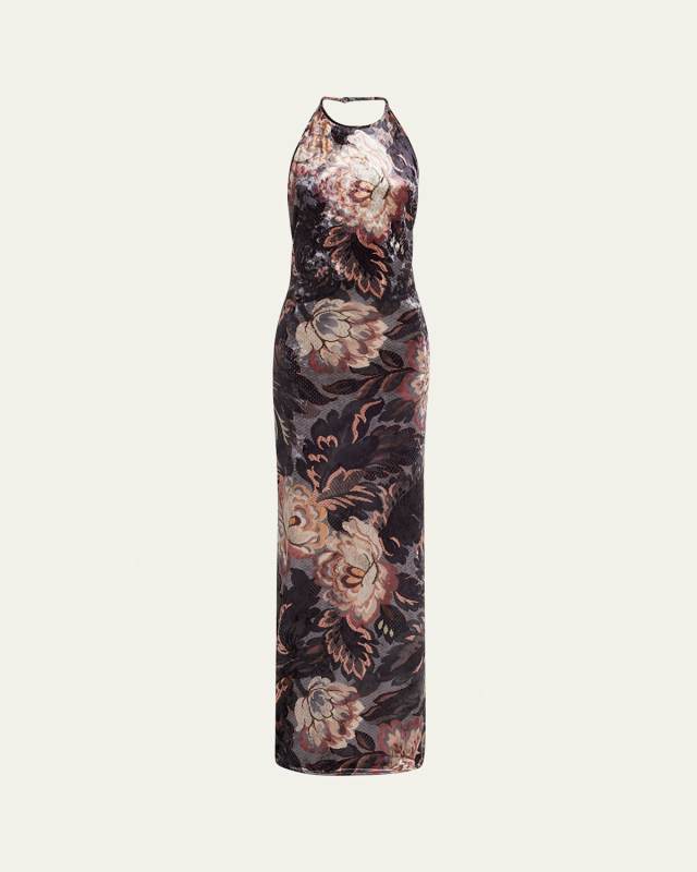 Floral Crushed Velvet Backless Gown