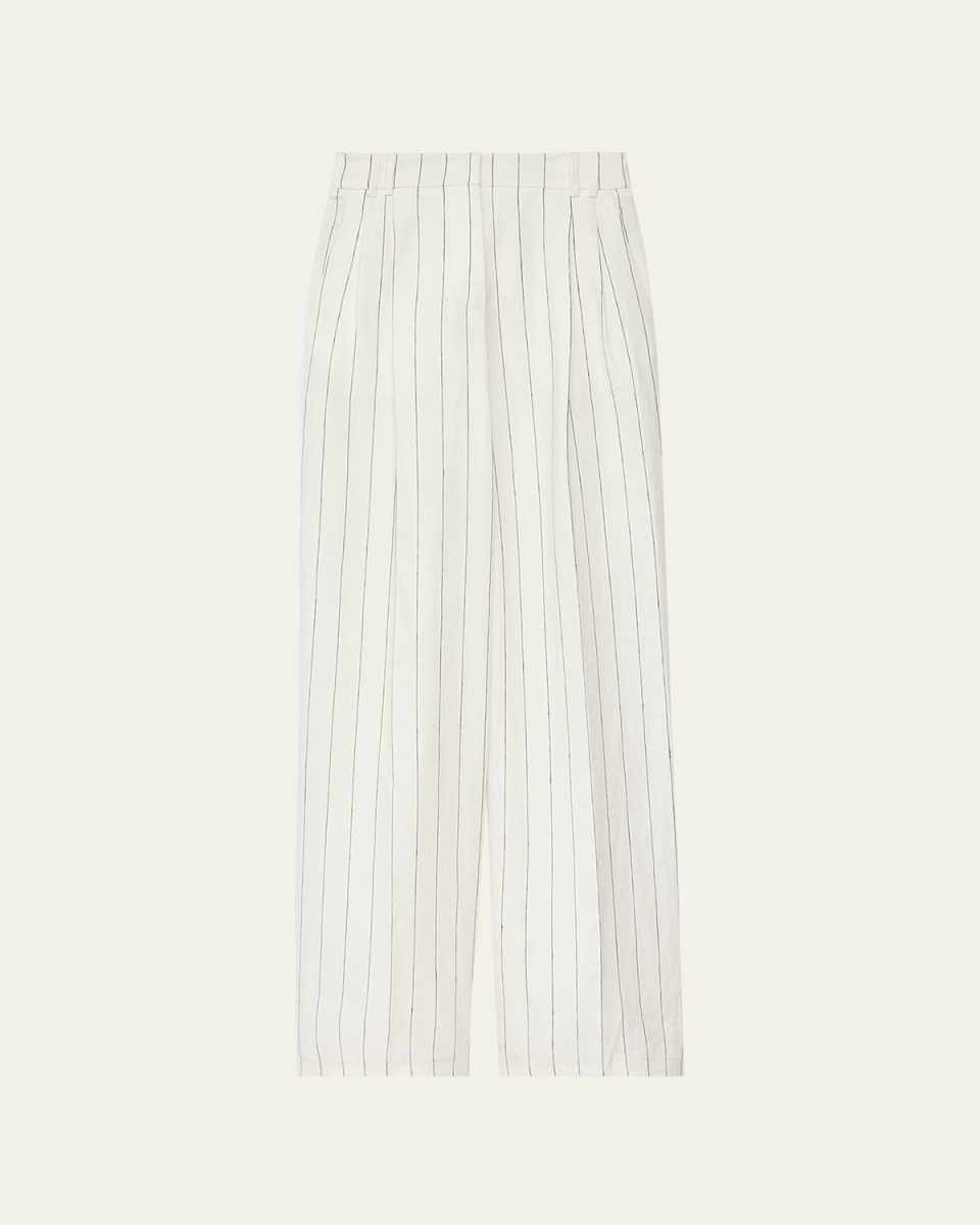 Stripe Pleated Front Wide-Leg Linen Trousers