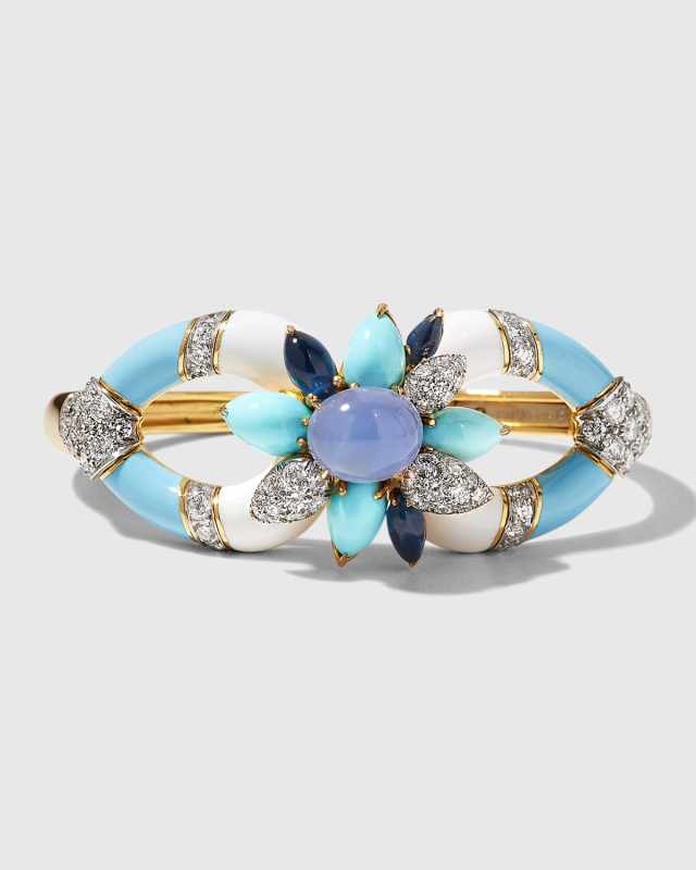 Yellow Gold and Platinum Asheville Bracelet with Blue Chalcedony and Turquoise