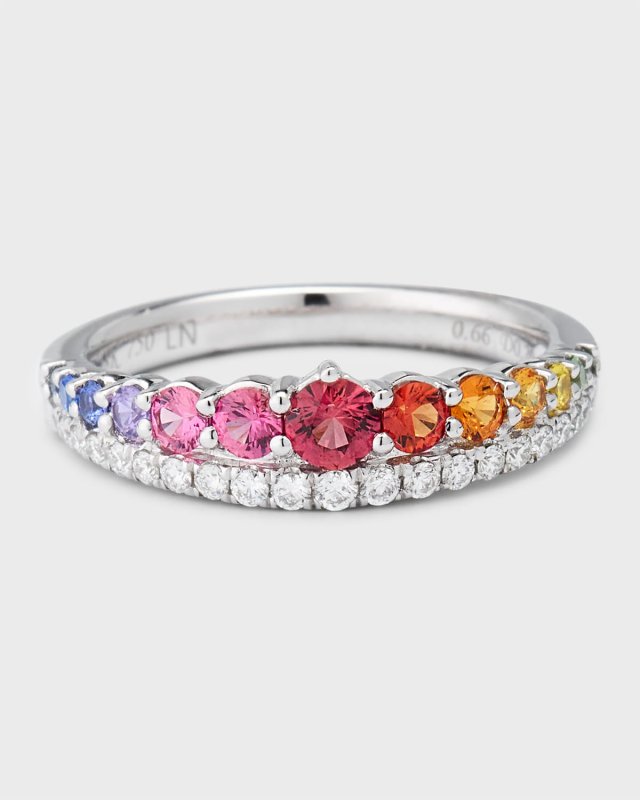 Rainbow 18K White Gold Double Chevron Sapphire and Diamond Band Ring, Size 6