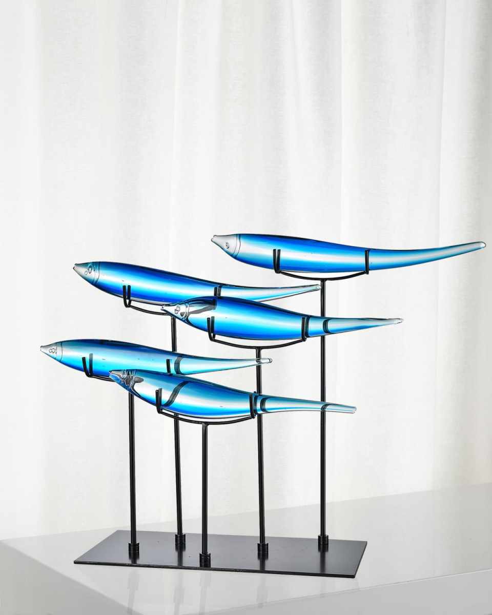 Decorative 5 Blue Fish Art Glass Figurine
