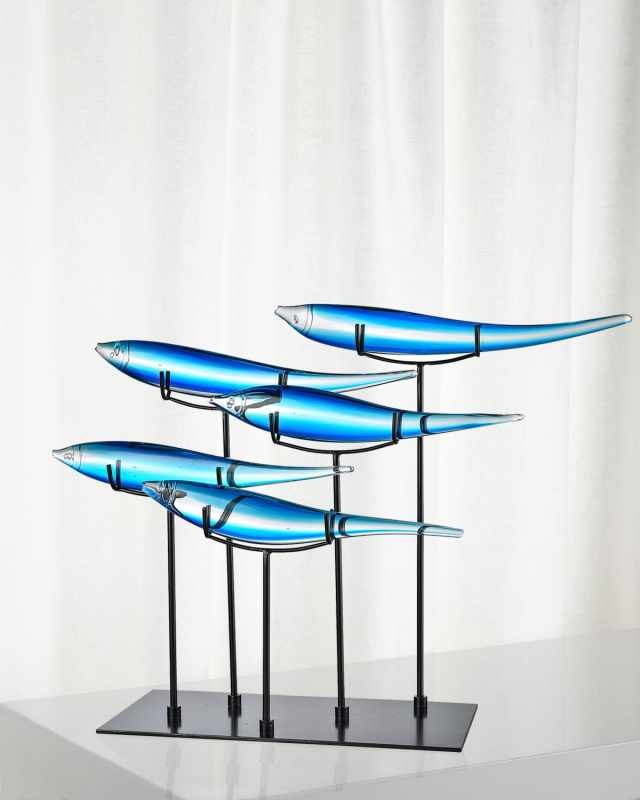 Decorative 5 Blue Fish Art Glass Figurine