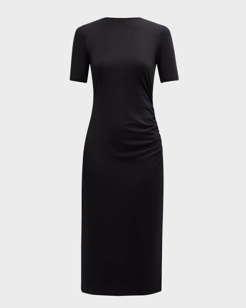 Short-Sleeve Side Drape Midi Dress