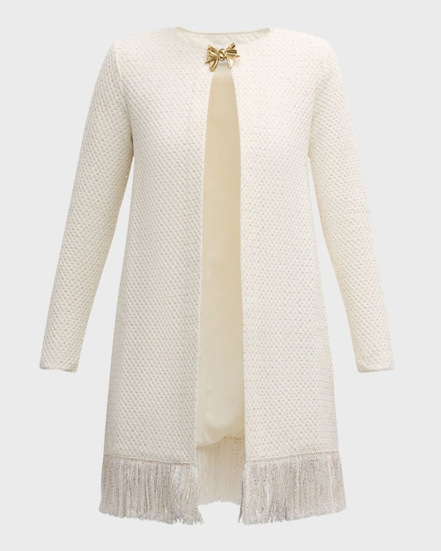 Sequined Tweed Jewel-Neck Coat