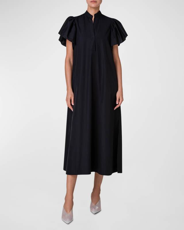Mandarin-Collar Flutter-Sleeve Cotton Poplin Midi Dress
