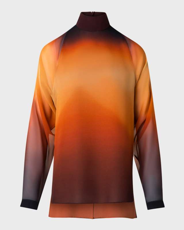 Autumn Twilight-Print Mock-Neck Silk Georgette Blouse