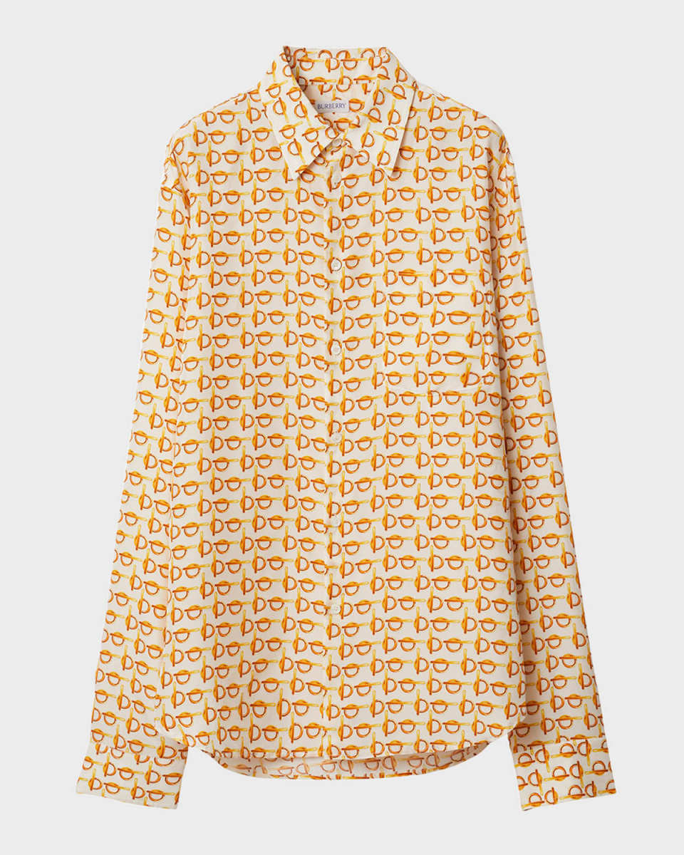 Toggle-Print Silk Button-Down Top