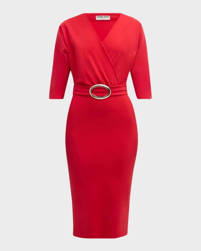 Buckle-Embellished Surplice Bodycon Dress