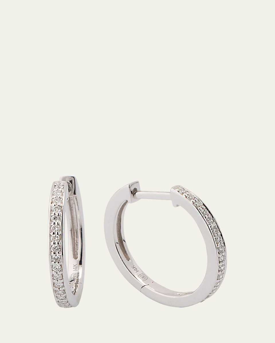 14K White Gold Pavé Huggie Hoop Earrings, 12mm