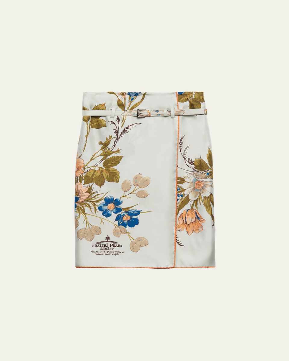 Gentian Silk Twill Belted Knee-Length Skirt