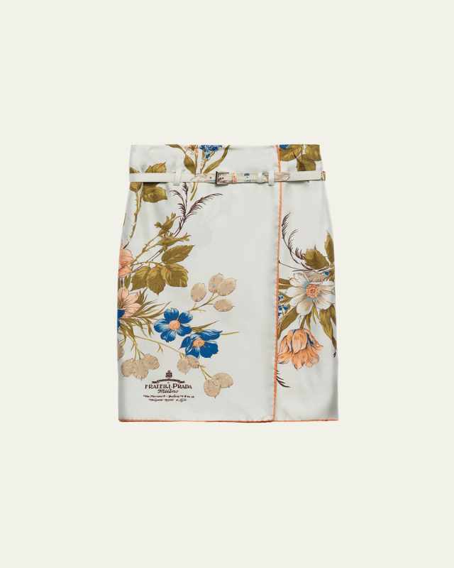 Gentian Silk Twill Belted Knee-Length Skirt