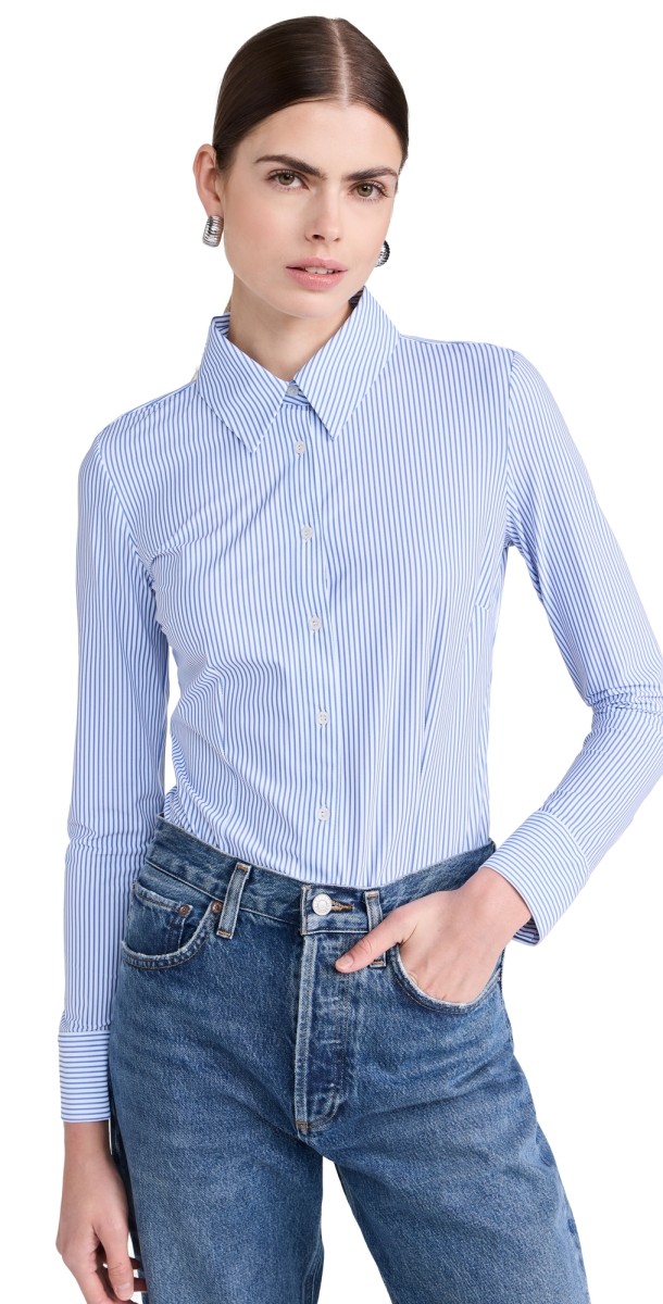 Commando Classic Print Button Down Thong Bodysuit Blue + White Stripe
