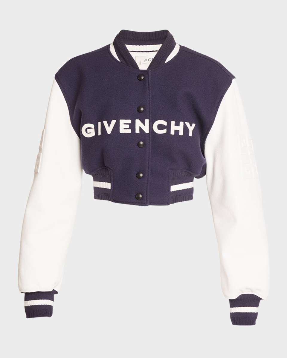 Mixed-Media Logo-Embroidered Crop Bomber Jacket