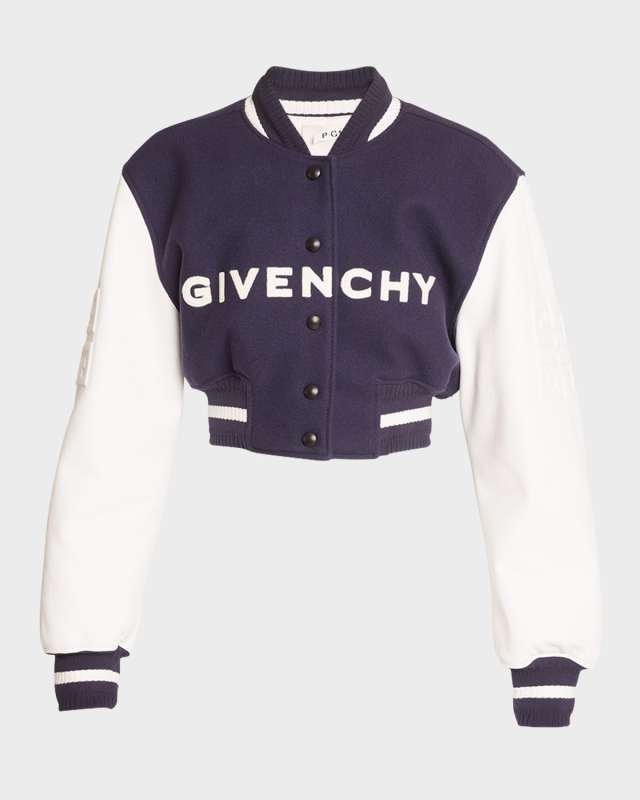 Mixed-Media Logo-Embroidered Crop Bomber Jacket