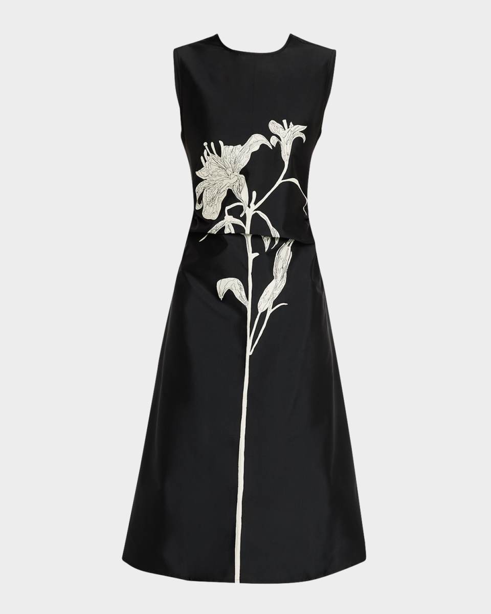 Lavender Embroidered Floral Silk Midi Dress